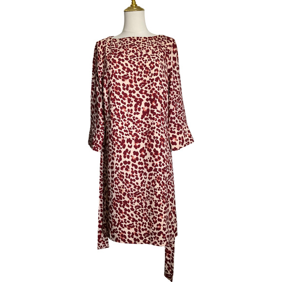 H&M Women's Dress Size 8 Soft Leopard Print 3/4 Sleeve Tie Waist Cream Red - Picture 1 of 13